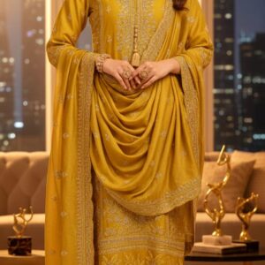 Ethereal Mustard Gold Embroidered Organza Suite